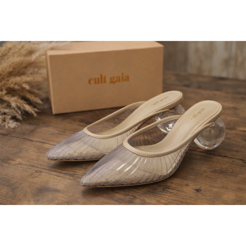 Cult Gaia Alia Clear Mule Heels Size 5.5 35.5 Acrylic Sphere Heel Designer Shoes